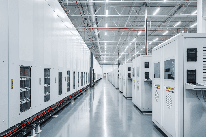 image of the inside of a factory with rows of factory machinery