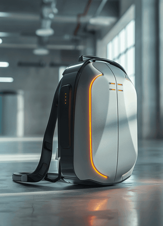 futuristic backpack with orange LED lights, placed on a factory floor