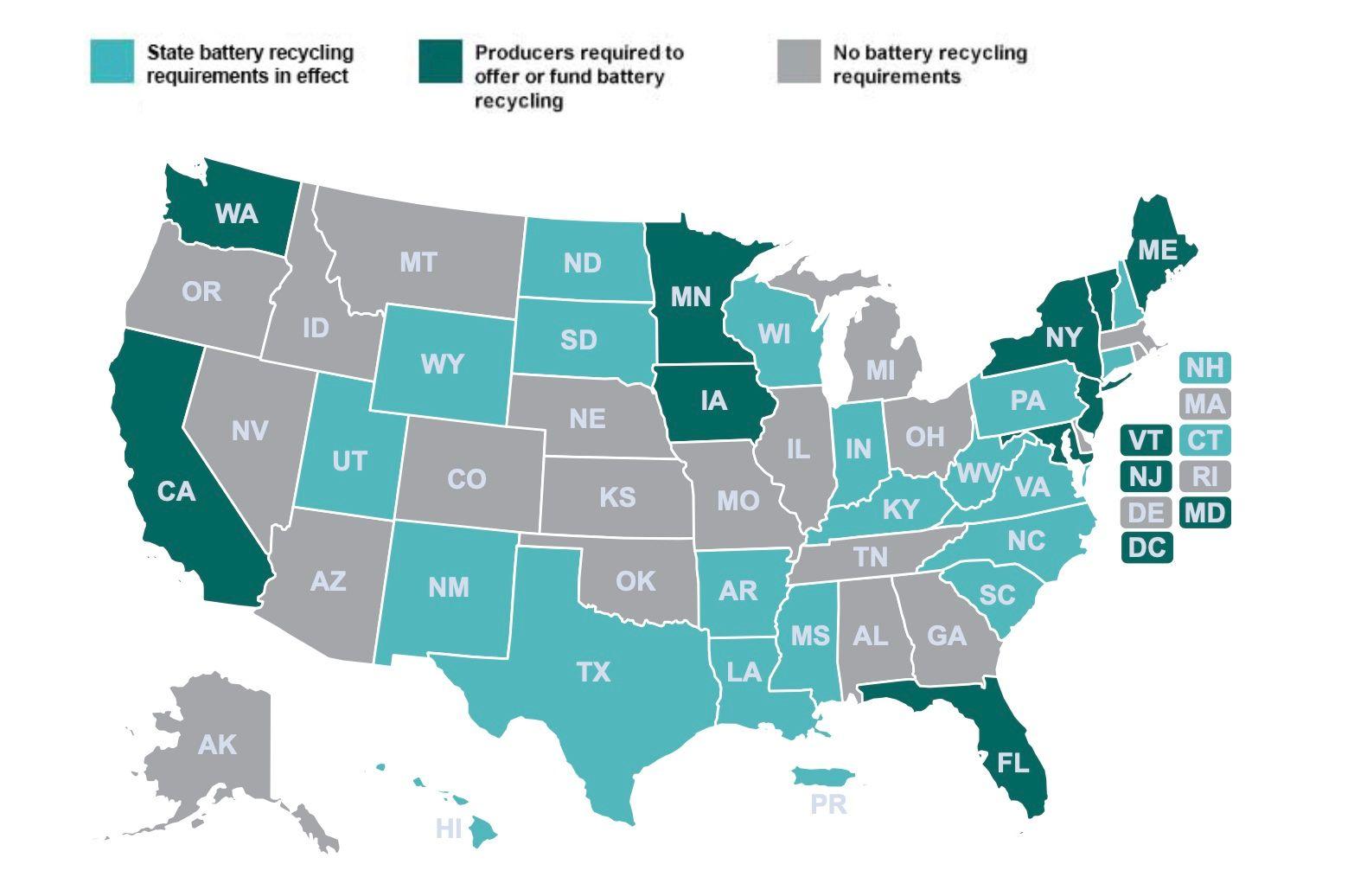 map of us with recycling laws per state